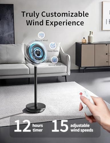 Standing Fan for Bedroom, Omnidirectional 180° Oscillating Quiet Pedestal Floor Fans, 25dB Ultra Quiet DC Cooling Fan Blows Cold Air with Remote, 15 Speed, 3 Modes, 12H Timer, 15-38" Height Adjustable - Thumbnail 3