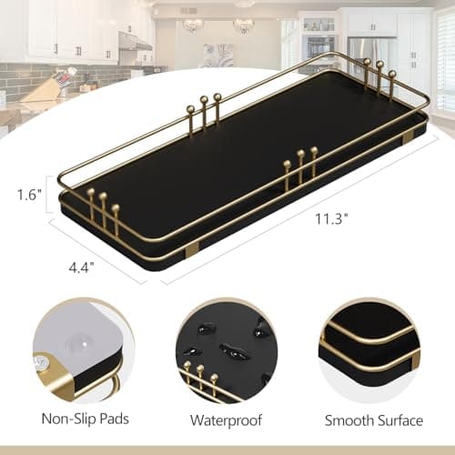 Pursura Bathroom Vanity Tray for Countertop Toiletries Perfume Makeup Soap Dispenser Toilet Tank, Kitchen Tray for Salt Spice, Decor Tray for Candle Nightstand Coffee 11.3”x 4.4” Black-Gold - Thumbnail 2