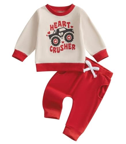 TheFound Toddler Boys Valentine's Day Outfits Heart Truck Print Long Sleeve Sweatshirts Top Long Pants Newborn Baby Clothes (Red, 18-24 Months) - Image 1
