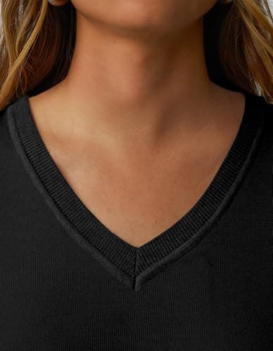 GKBK V Neck Lightweight Sweaters for Women Wool Blend Ribbed Knitted Classic Loose Fit Pullover Long Sleeve Tops Business Casual Fall Outfits 2025 Trendy Black - Thumbnail 4