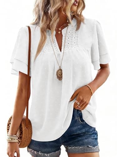 Bellcoco Tops for Women Summer Trendy Ruffle Sleeve Boho V Neck Blouses Cute Flowy Short Sleeve Swiss Dot Shirts(White,Medium) - Image 1