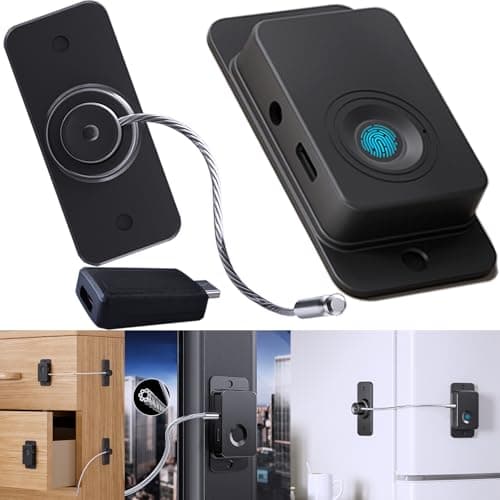 Bstsilver Upgrade Fingerprint Fridge Lock Baby Proofing w/USB Key for Cabinet Door Drawer Freezer, 90 Degree Window Locks French Refrigerator Cable Latch RV Furniture Anchor Anti Tip, Adhesive/Drill