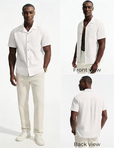 PJ PAUL JONES Mens Linen Shirt Short Sleeve Cotton Hawaiian Button Up Shirts for Men Casual Cuban Summer Beach Shirts with Pocket White - Thumbnail 2