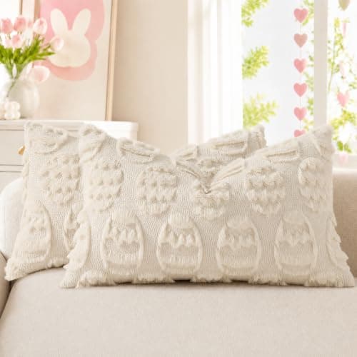 decorUhome Beige Faux Fur Egg Throw Pillow Covers 12x20 Set of 2 - Image 1