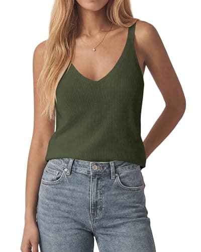 KIRUNDO V Neck Ribbed Knit Tank Tops for Women Sleeveless Sweater Vest Basic Camisole 2026 Summer Clothes Spring Outfits(Army Green, Large) - Image 1
