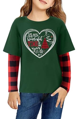 Christmas Shirts for Kids Girls Boys Christmas Tree Graphic Tee Xmas Long Sleeve Stripe Plaid Tops - Image 1