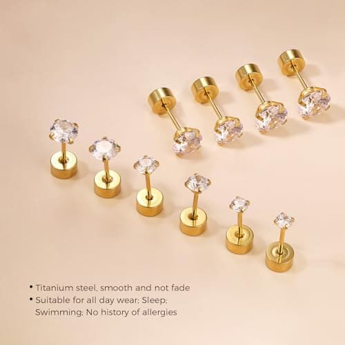 MHWTTY Hypoallergenic Cartilage Earrings for Women Men, 1 Pairs Titanium Stud for Women Gold Silver Black 20G Post & Screw Back with Cubic Zirconia 3 4 5 6 7 mm Piercing Jewelry (Gold-A, 5mm) - Thumbnail 6