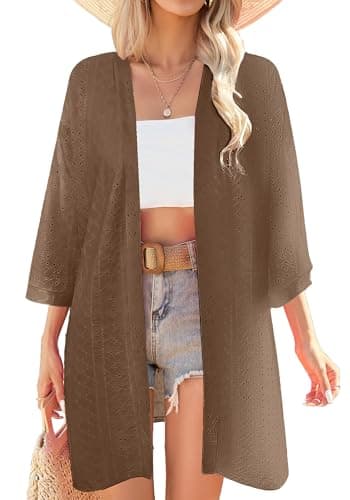 Dimur Short Sleeve Cardigans for Women Open Front Summer Lightweight Kimono Coverups Spring Outfits 2026 Fashion Clothing Khaki Medium - Image 1