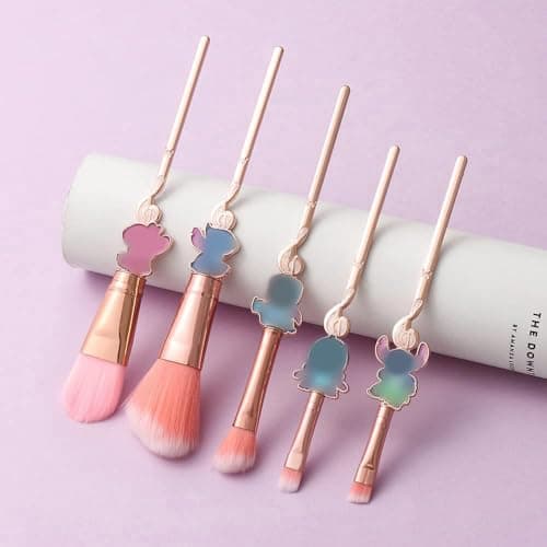 5 Pcs Makeup Brushes Set with Brushes Holder, Blue Big Eyes Alien Cartoon Makeup Brushes Set, Gifts for Women Girls - Thumbnail 5