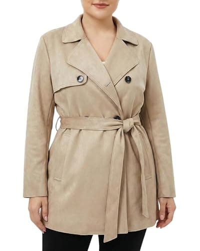 OctMoon Women's Cropped Faux Suede Trench Coat, Classic Short Jacket with Belt, Business Casual Soft Lapel Outerwear for Spring Fall(Khaki)-L - Image 1