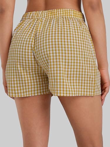 Sunzel Women's Gingham Plaid Boxer Shorts – Elastic Waist Loose Fit Pajama Lounge Shorts Y2K Summer Beach Casual Pj Bottoms Yellow Plaid Medium - Thumbnail 4