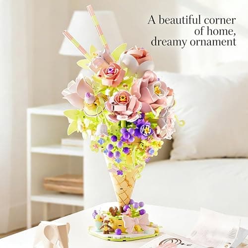 FRIMNS Ice Cream Flower Building Set with Lights, 975pcs DIY Birthday Gift Flower Building Blocks Toy for Adults Women Mom Teen (14+) - Home, Office Decor Anniversary Easter Gift Idea - Thumbnail 6