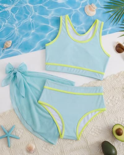 JiAmy Girls 3 Piece Swimsuit Color Block Bikini Sets Sporty Racerback Beach Bathing Suit with Cover Up Skirt Light Blue 15-16Y - Thumbnail 5