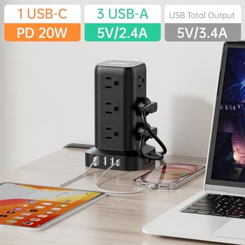 Extension Cord with Multiple Outlets, SMALLRT Surge Protector Tower, PD 20W USB C, Power Strip with USB Ports 12 AC Outlets, 10FT Outlet Extender for Home Dorm, Office Supplies, Overload Protection - Thumbnail 5