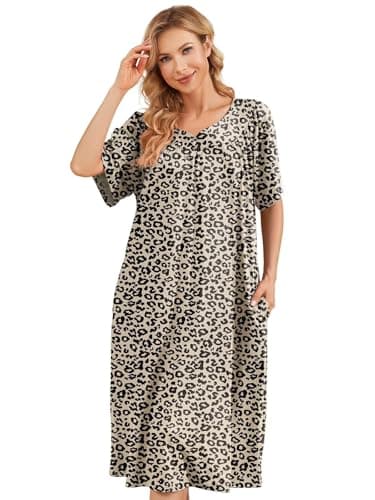 udforsk Plus Size Nightgowns House Dress for Women Elderly Moomoo Short Sleeve Muumuu Dresses House Coats Grandma Nightgowns Cotton Dusters Soft Patio Dress Leopard XXL