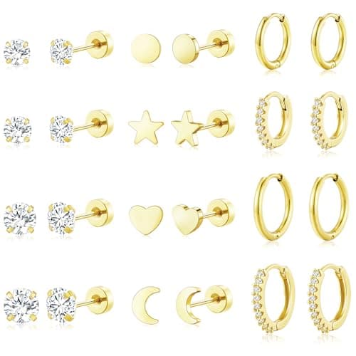 adoyi Gold Hoop Earrings Set for Women Hypoallergenic Surgical Steel Earrings for Women Sensitive Ears, 14K Gold Plated Flat Back Studs Stainless Steel Mini Hoops Earring Lightweight Jewelry - Image 1