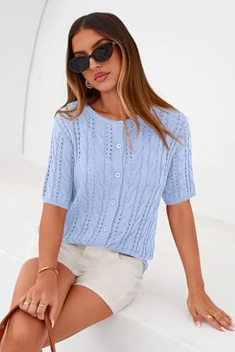 MASCOMODA Women Summer Cable Knit Crochet Cardigan Sweaters Casual Button Short Sleeve Sweater Cute Beach Hollow Out Knit Top(Light Blue,Large) - Thumbnail 5