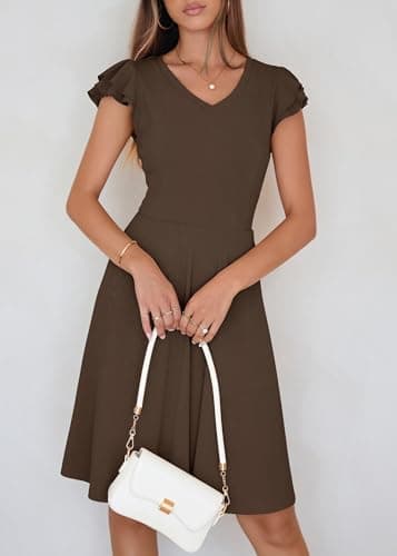 Lazysmile Summer Dresses for Women Ruffle Short Sleeve V Neck A Line Swing Ribbed Knit Casual Mini Short Dress Brown - Thumbnail 5