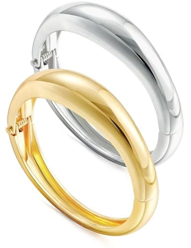 Gold Silver Chunky Bangles Bracelet for Women Trendy, 14K Gold Plated 2 Pcs Dainty Thick Cuff Bracelet Stack - Image 1