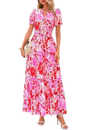 PRETTYGARDEN Women's 2026 Summer Boho Maxi Dresses Floral Short Sleeve V Neck A Line Tiered Flowy Long Beach Vacation Dress (Floral Rose Red,Medium) - Image 1
