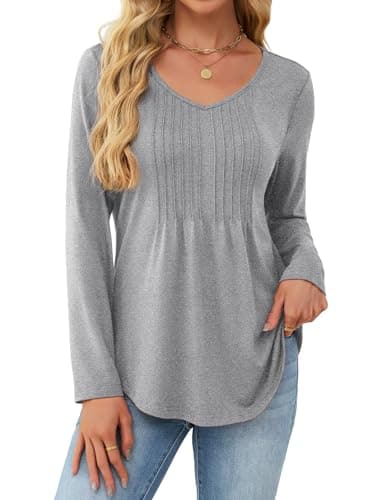 JUSTFASHIONNOW Long Sleeve Shirts for Women Fall Tops Dressy Casual Blouses Pleated V Neck Loose Fit Teacher Tunic Tops to Wear with Leggings Winter Clothes (Gray, Medium)