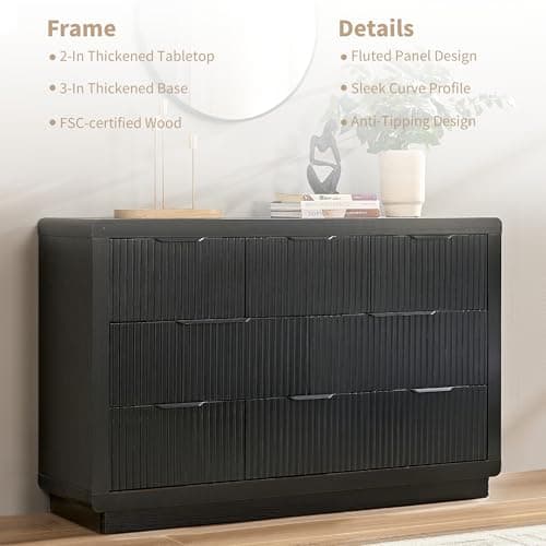 YANSNWO Black Dresser with Thickened Curved Profile Design, 52" Modern Chest of Drawers with 8 Drawers, Wooden Dresser TV Stand, Organizer for Bedroom, Living Room, Hallway - Thumbnail 4