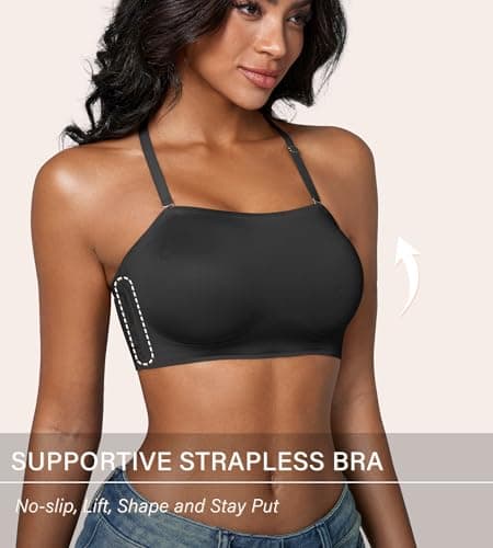 DEANGELMON Strapless Bra for Women Non-Slip Silicone Bandeau Bra Wireless Clear Straps Comfy Tube Top Bralette Black(1P1,XL) - Thumbnail 3