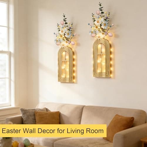 HOMECOR Easter Wall Decor Set of 2 - Boho & Modern Farmhouse Hanging Wooden Vase with Fairy Lights & Artificial Plants, Spring Wall Art for Living Room, Bedroom, Bathroom, Easter Home Decor Gift - Thumbnail 2
