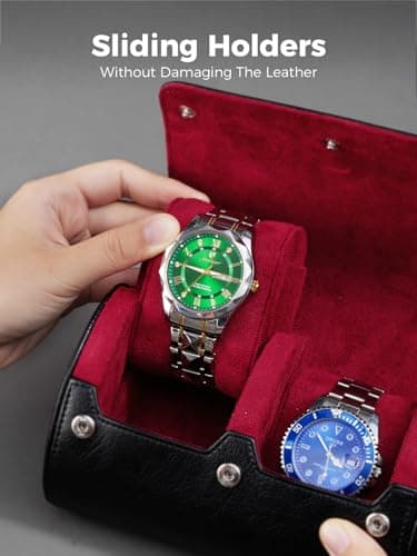 Simpirae Watch Travel Case for Men, PU Leather Watch Roll for 2 Watches, Watch Organizer for Birthday or Christmas, Black/Red - Thumbnail 3
