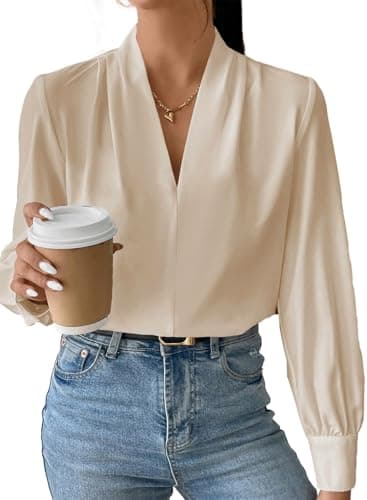 EVALESS Women Blouse Work Interview Long Sleeve Blouse Dressy Casual Summer Tops Womens Business Outfits Ladies Elegant V Office Neck Plus Size Spring Clothes for Women B Khaki XX-Large - Image 1