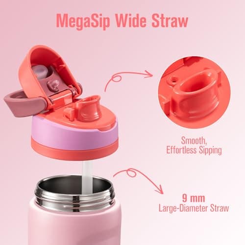 Coolflask MegaSip Insulated Water Bottle with Straw, Stainless Steel Water Bottles Leak-Proof, 24+ Hours Cold, BPA-Free Dishwasher Safe, Water Flask for Sports Gym Work Office 32 oz, Blush Pink - Thumbnail 2