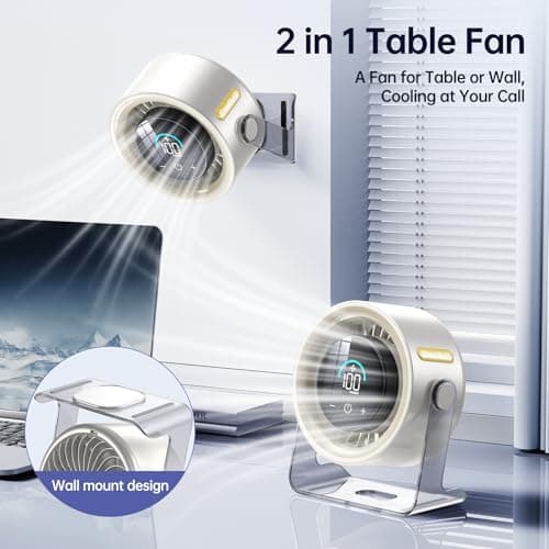 Coolhill Cordless Wall Mounted Fan, Small Rechargeable Wall Fan for Bedroom and Kitchen, 100 Speeds Quiet Fan with Digital Display, 120° Tilt 2-in-1 Portable Desk Fan for Bunk Bed(White) - Thumbnail 2