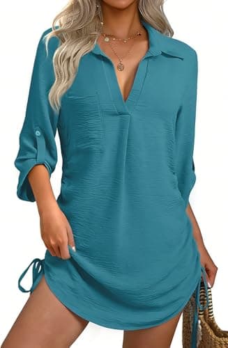 GKBK Women Swimsuit Coverup Bathing Suit Cover Ups for Swimwear Swim 2026 Summer Bikini Beachwear Drawstring Shirt Resort Wear Popular Items Beach Necessities Dress Mexico Vacation Clothes Cyan M - Image 1