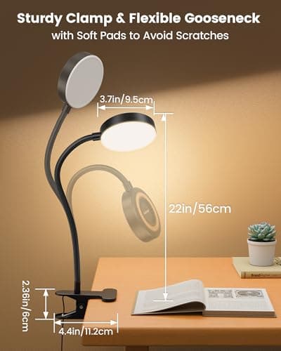 Glocusent 72 LED Clip on Lamp with Remote, Reading Light with Amber Ring, 3 Colors & 5 Dimmable Bed Lamp, 30/60-Min Auto Off Timer, Clamp Light for Headboard/Dorm/Bunk (Black) - Thumbnail 6