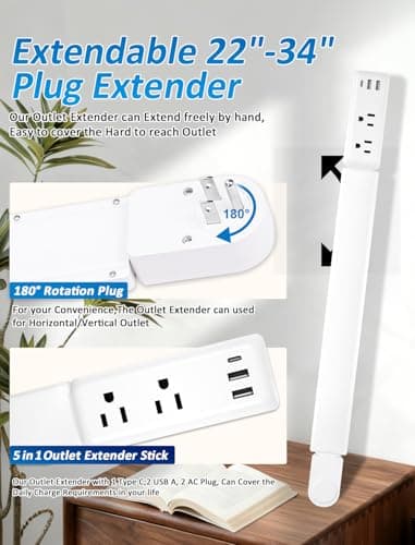 Eletrical Outlet Extender Stick 22"-34" Vertical Power Socket Expander with 2 AC Outlets, USB-A,USB-C Ports,180° Rotating Wall Outlet Extender for Hard-to-Reach Extension Cord Extender Behind Sofa - Thumbnail 3