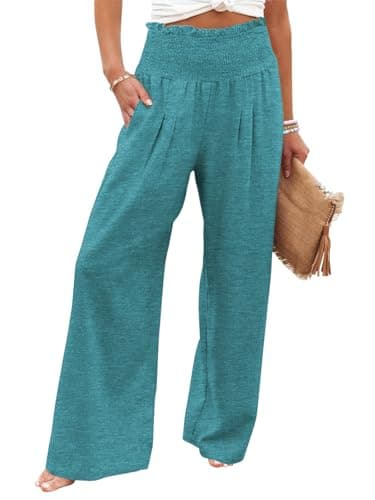 GEMLON Womens Wide Leg Pants High Waisted Palazzo Pants Lightweight Flowy Lounge Trousers Baggy Pants Turquoise 2XL - Image 1