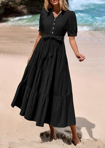 PRETTYGARDEN Summer Dresses for Women 2026 Elegant Classy Short Sleeve V Neck Ruffle A Line Belted Long Beach Vacation Dress (Black,X-Large) - Thumbnail 6
