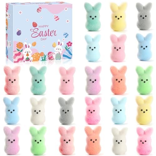 Trivolusia Easter Bunny Figurines Set of 24, Realistic Fuzzy Rabbit Decorations, Easter Basket Stuffers & Home Decor, Gift Kids Adults