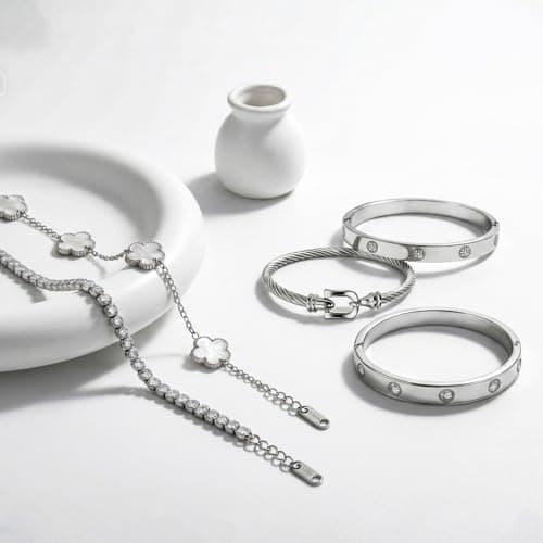 JINDETAI Stackable Silver Bracelets for Women - 3/4/5 Sets, Non-Tarnish Stainless Steel & Sterling Silver Trendy Stackable Bangle Jewelry Set, Gifts for Valentine's Day, Birthday, Prom and Christmas - Thumbnail 6