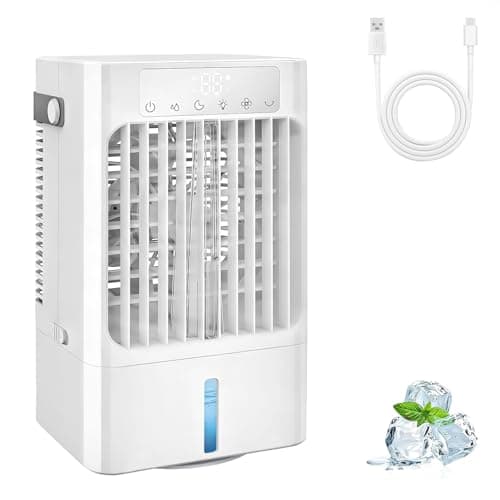 Portable AC Fan, Mini Air Cooling Fan with 3 Speeds,Air Conditioner with 120° Oscillating & 1-8H Timer, Air Cooler Fan with 7 Colors LED Light and 3 mist,Portatil for Bedroom Office Desk-900ml - Image 1