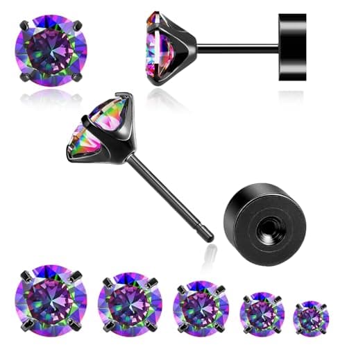 MHWTTY Hypoallergenic Threadless Flat Back Earrings,1 Pairs Cartilage Stud for Women Men Titanium Post 20G None Screw Easy Push in Gold Black Stainless Steel Flatback with CZ 3-7mm (Black, 5mm)