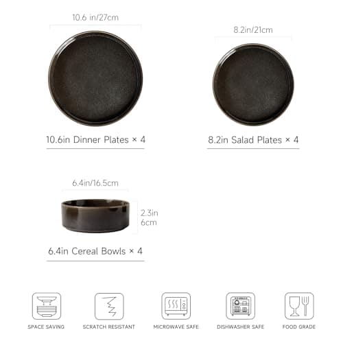 ALOFMO Dinnerware Sets for 4, ceramics Plates and Bowls Set, 12-Piece Modern Stoneware Dinnerware – Chip Resistant, Non-Toxic, Dishwasher and Microwave Safe Tableware, Black - Thumbnail 3