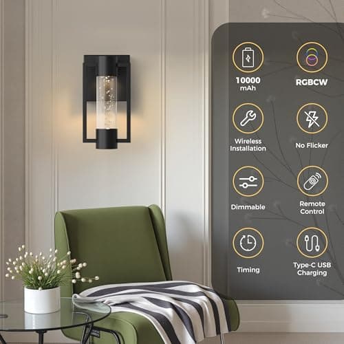 L LOHAS LED Black Battery Operated Wall Sconce Set of 2, Modern Rechargeable LED with Remote Control, Color Changing, Timer Setting, Wireless Dimmable Night Light for Bedroom, Hallway, Living Room - Thumbnail 4