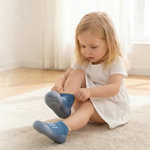 HOVELL 2 Pairs Baby Soft Rubber Sole Shoes Toddler Girls Boys Non Slip Walking Shoes Infant Cotton Floor Slipper Sock Shoes(Grey Blue Dots,2-3Y) - Thumbnail 2