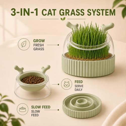 3-in-1 Slow Feeder Bowl, Cat Grass Growing Kit & Elevated Cat Food Bowl, - Thumbnail 3