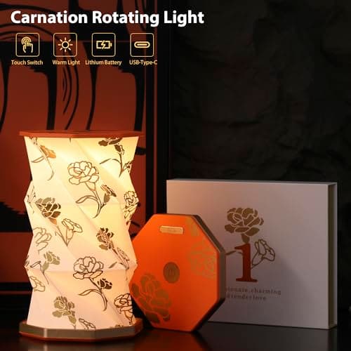 ZBOLE Birthday Flower Folding Rotating Lamp - January Carnation, Rechargeable Folding Paper Light, Elegant Gift Box – Ideal Anniversary, Birthday Gift for Women, Mom, Sister, Grandma-Orange - Thumbnail 2