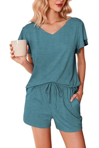 Ekouaer Women's Pajamas Set Ruffle Sleeves Sleepwear V Neck Comfy 2 Piece Pjs Loungewear Set with Pockets Blue Green Small - Image 1