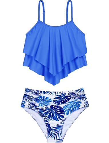 Girls Bathing Suits Size 10-12 Tween 2 Piece Swimsuit Bikini Swimwear Tropical Leaf Swimming Ruffle Royal Blue Traje De Baño para Niñas - Image 1