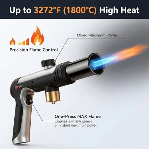 FORENEE Propane Torch Gun 3272°F High Heat Flame Thrower with Safety Lock Adjustable Culinary Blow Torch for BBQ Searing Steak Sous Vide Charcoal Starter and Camping (Tank Not Included) - Thumbnail 3