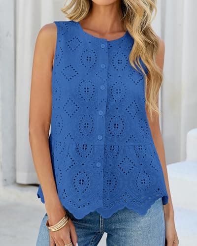 BTFBM Womens Tank Tops 2026 Summer Casual Sleeveless Button Down Shirts Embroidered Eyelet Blouse Beach Vacation Clothes(Blue, Large) - Thumbnail 2